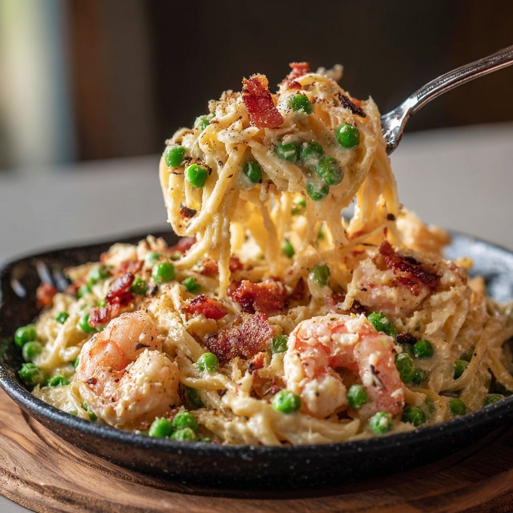 Shrimp Carbonara with Peas