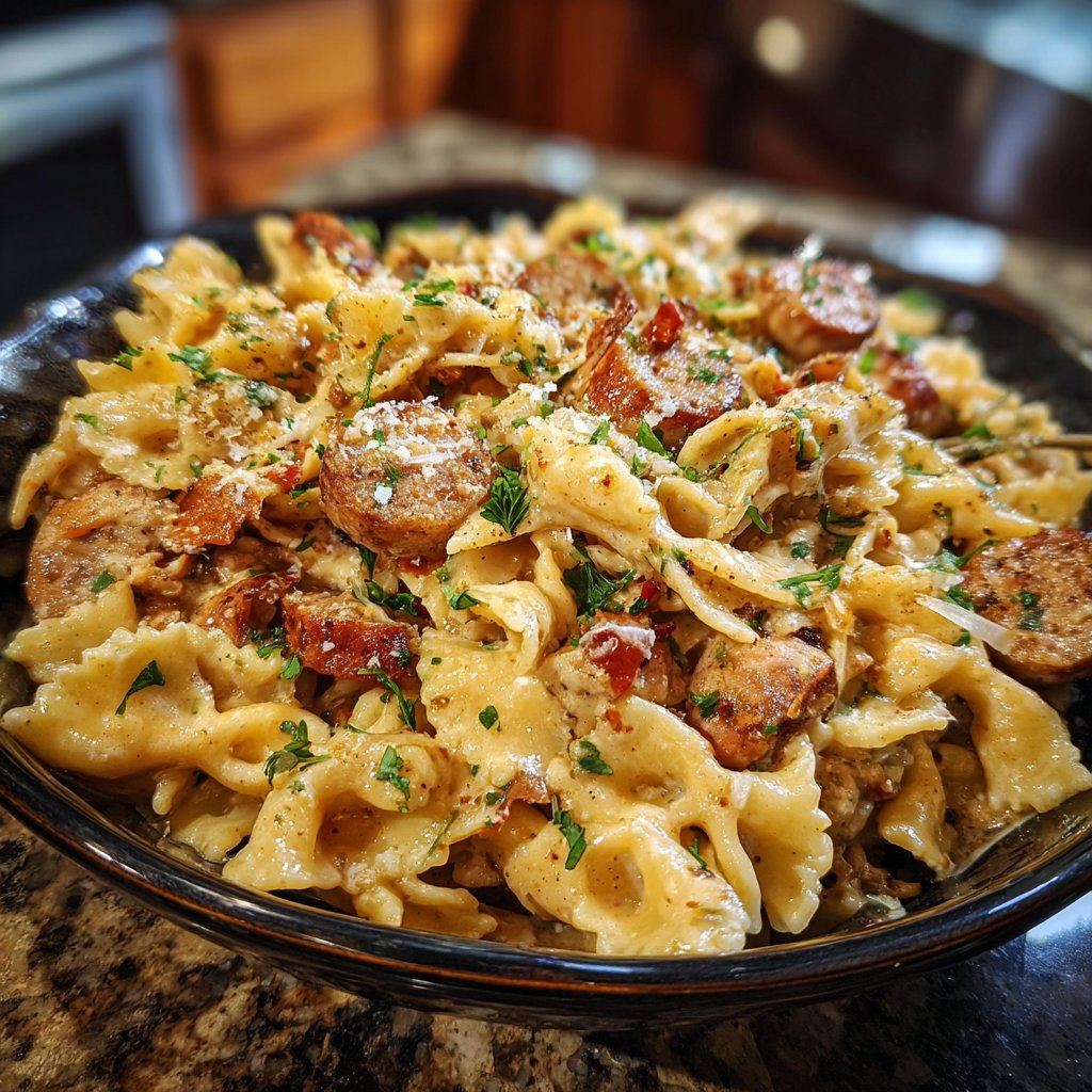 One Pot Creamy Garlic Cajun Sausage Pasta