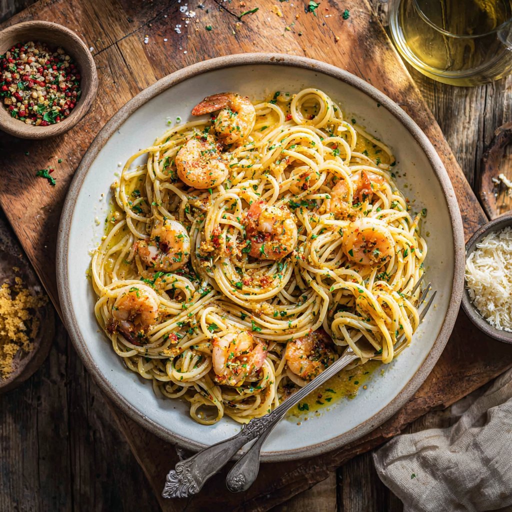 Roasted Garlic Lemon Pasta with Shrimp